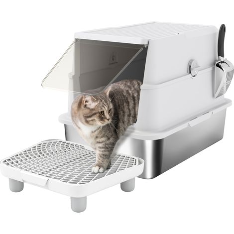 PawHut arenero para gatos de acero inoxidable XL cerrado con tapa abatible, borde alto, pala metálica, fácil limpiar, antifugas, gris claro (1/5)