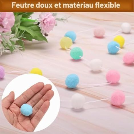 Guirlande de 2 pompons en feutrine, guirlande de 60 pompons d'une longueur de 6 mètres (19,6 pieds), guirlande de boules de feutrine colorées pour décoration de fête, mur et sapin de Noël (1/3)