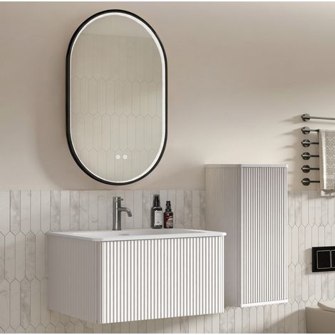 Mueble de baño con lavabo, columna y espejo LED antivaho blanco 80 cm OKMYHOME (1/5)