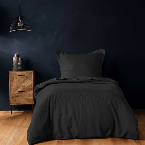 Housse de couette 140 x 200 cm unie 57 fils – LINAÉ Noir – 1 taie 63x63 cm (1/5)