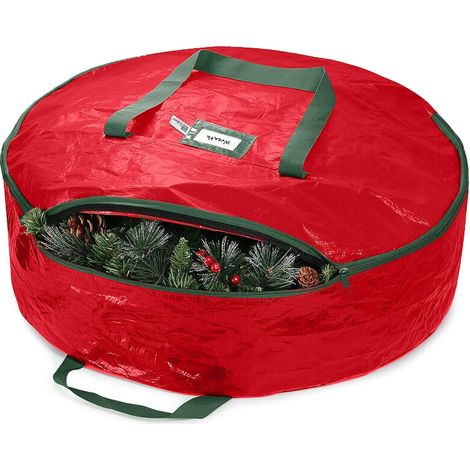 Borsa porta ghirlande natalizie da 23,5 pollici, borsa in tessuto impermeabile con doppia cerniera per ghirlande natalizie artificiali, 2 manici in tela rinforzata cuciti, fessura per etichette, rossa (1/4)