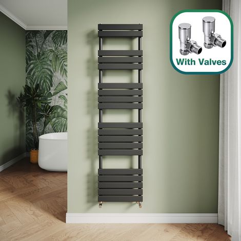 ELEGANT Modern Central Heating Towel Radiator Bathroom Flat Panel Heated Towel Rail 1800x450mm Black + Angled Radiator Valves