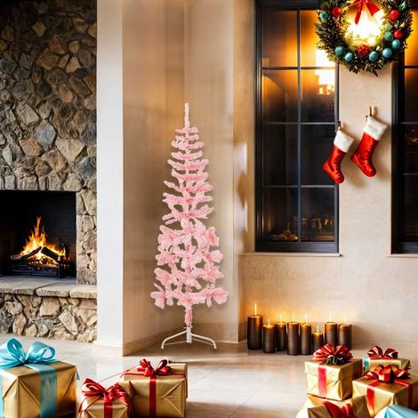 Demi Sapin de Noël Arbre de Noël artificiel mince avec support Rose 150 cm (1/5)