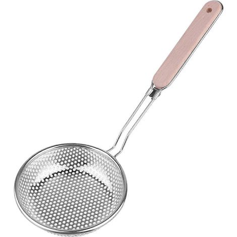 Passoire en acier inoxydable avec manche en bois, écumoire perforée, panier à friture pour la maison et le restaurant (petite, 14 cm)-37.00X14.00X4.00CM-Silver