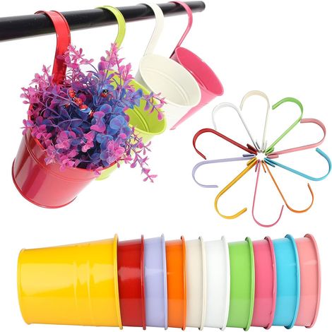 Juego de 10 macetas colgantes de metal de 10 cm, macetas pequeñas de metal para interiores y exteriores, ideales para balcones y vallas, con ganchos extraíbles y disponibles en 10 colores. (1/4)