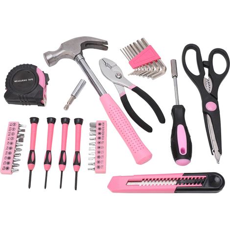 Lot de 39 outils de maison rose transportable marteau tournevis clé à molette boîte rangements bricolage réparation femme (1/5)