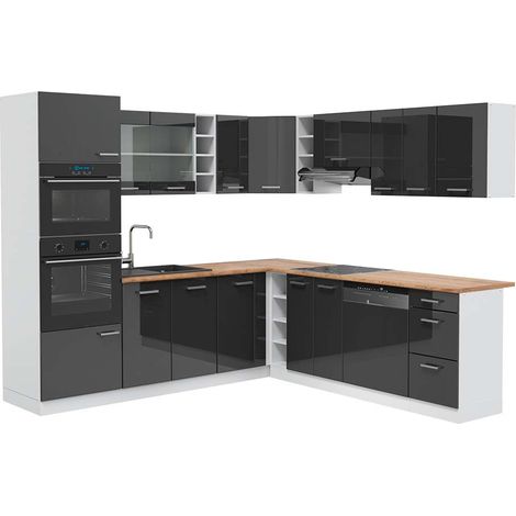 Cocina esquinera R-Line, Antracita alto brillo/Blanco, 247 x 237 cm, ET Roble, Vicco