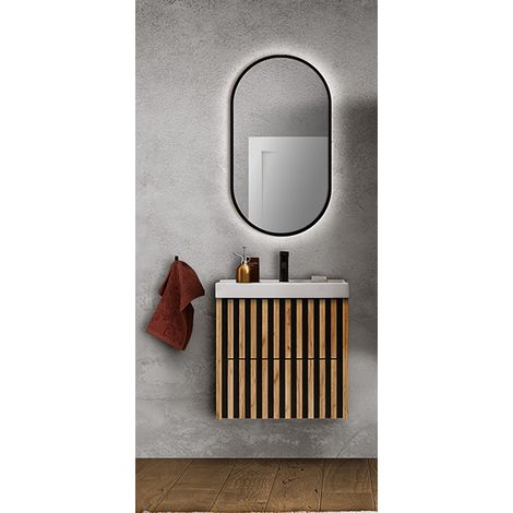 Badmöbel Set mit 60 cm Waschtisch LUCCA-107 in Eiche Nb. mit Lamellenfronten, B/H/T: ca. 61/200/46 cm (1/5)