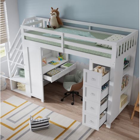 Hochbett 254x95x175 cm weiß aus Kiefernholz und MDF mit Schreibtisch, Stauraum und Regalen (1/5)