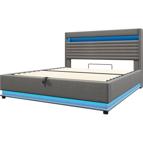 Lit coffre 180x200 capitonné gris, lit avec éclairage led et rangement. Lit 180x200 sans matelas, design moderne et pratique. (1/5)