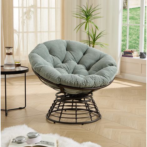 Fauteuil papasan pivotant 360° en rotin PE avec coussin épais, structure en acier, gris vert HAVRYA (1/5)