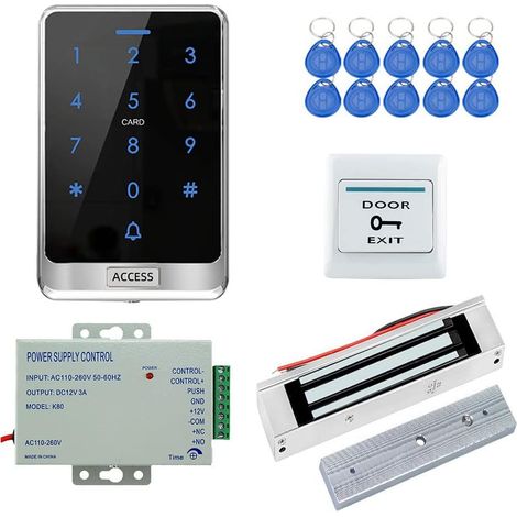 Kit Contrôleur d'accès à écran Tactile étanche Extérieur 125KHz Clavier Lecteur de cartes Indépendant, 180kg/350lbs Serrure Magnétique Electrique NC, DC 12V 3A Alimentation, Boutons, ID Clé (1/5)