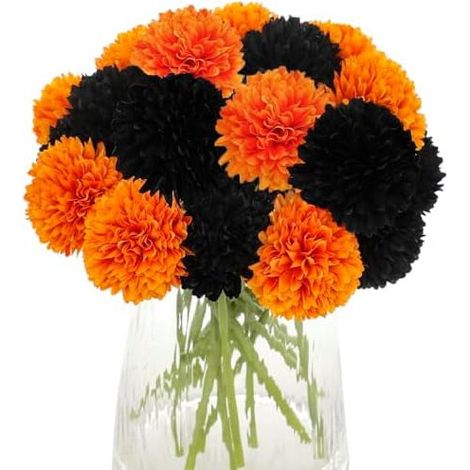 20 chrysanthèmes artificiels en rayonne, parfaits pour Halloween, les décorations d'automne et les décorations de table à faire soi-même – orange et noir. (1/5)