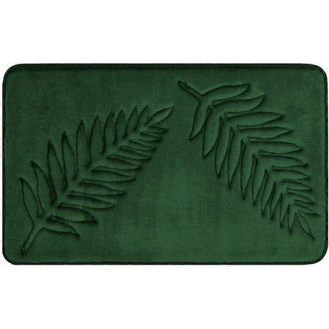 Tapis de bain en mousse à mémoire de formemotif feuilleantidérapantrésistant et absorbanten microfibre verte. (1/5)