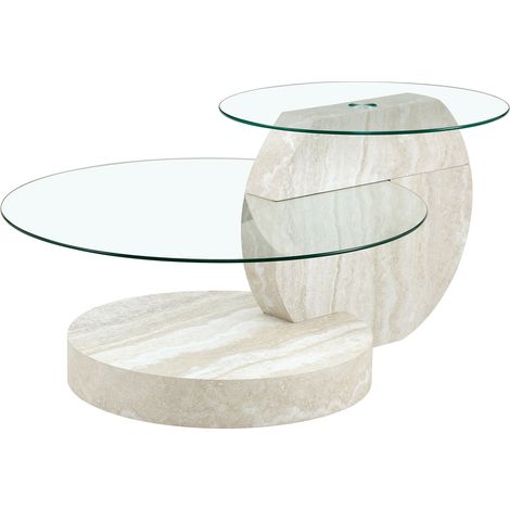 Table basse ronde lot de 2 en verre 70x50x44cm Pieds Croisés Placage marbre Canapé table salon Style moderne et minimaliste Blanc cassé