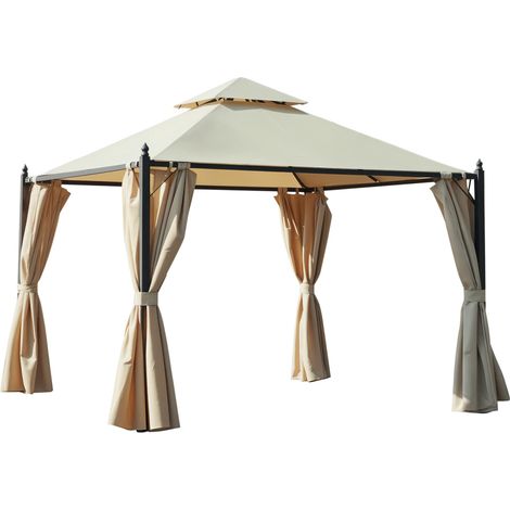 Gazebo de jardin 3 x 3 m avec 4 auvents latéraux et double toit, finition beige élégante, structure robuste et design spacieux, idéal pour terrasse ou jardin