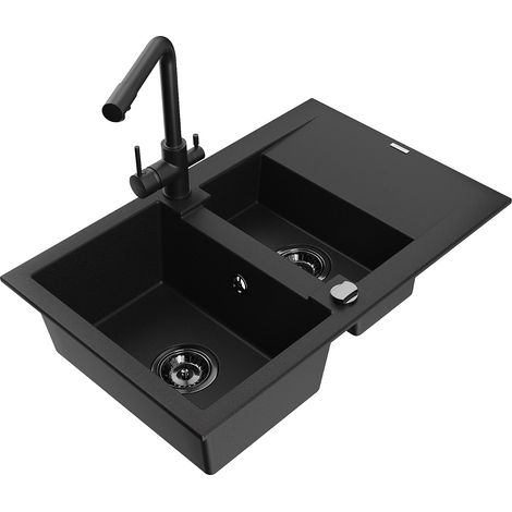 Mexen Gaspar 1,5-Becken-Granitspüle mit Abtropffläche und Mischbatterie Duero, Schwarz - 6507-77-671