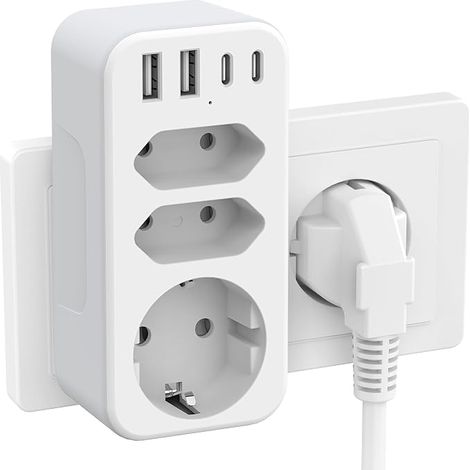 Adaptador de enchufe multifuncional 7 en 1 con USB-C, 4 puertos USB, enchufe doble de 1250 W/10 A para el hogar, la oficina y los viajes (blanco) (1/5)