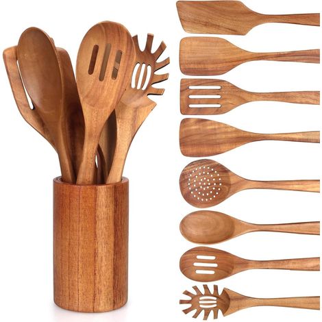Ensemble de 9 ustensiles de cuisine en bois de teck avec support, comprenant des spatules, des cuillères, une écumoire et une cuillère à pâtes.