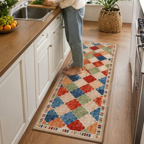 Tapis de cuisine adhésif sans colle, motif losanges colorés vintage, 60 x 90 cm (1/4)