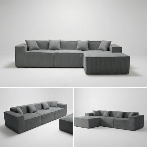 Canapé d'angle modulaire convertible en lit, modèle nuage en L de 279 cm. Doté d'une mousse haut de gamme pour un confort optimal, assise profonde, revêtu de tissu côtelé, prêt à l'emploi sans montage (1/5)