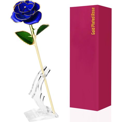 Rose artificielle plaquée or 24 carats avec support - Cadeau de Saint-Valentin pour épouse, petite amie, mère ou enseignante (1/5)