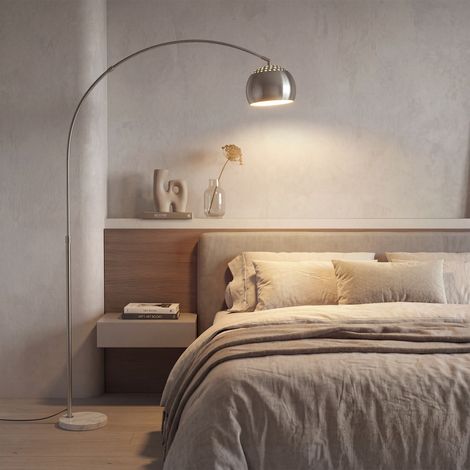 Lampadaire, design arqué avec base en marbre, 167 cm, argent (1/5)