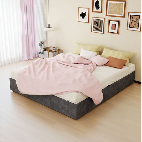 Lit plateforme en tissu gris et métal 160x200 cm, structure avec vérins à gaz, sans tête de lit ni matelas (1/5)
