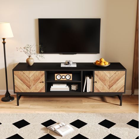 Mueble TV 150x38x55 cm negro y madera en tablero de partículas con patas de hierro y amplio almacenaje (1/5)
