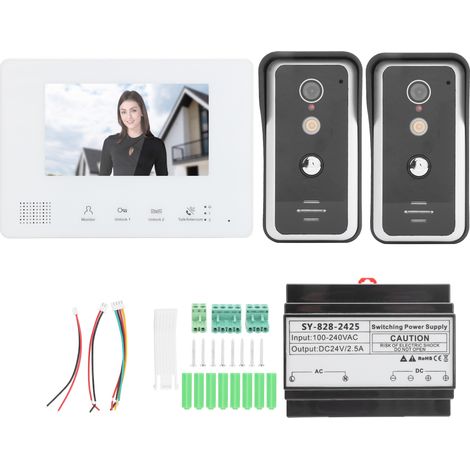 Kit de visiophone filaire 2 fils, écran 7 pouces, 2 caméras HD, vision nocturne, interphone domestique 100-240V (1/5)