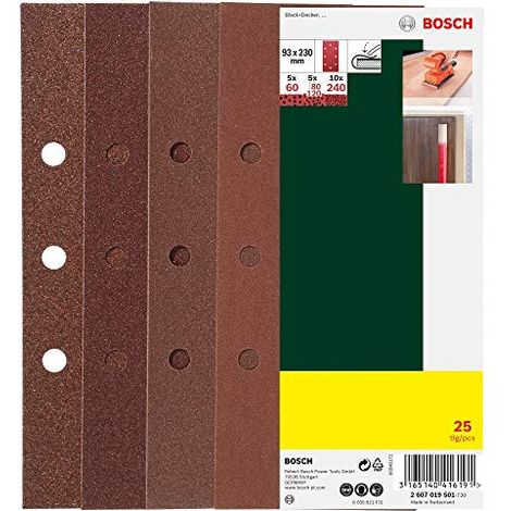 Bosch 2607019501 25 Fogli, Orbitale B&D, 93 x 230 mm, Grana 60-240 (1/4)