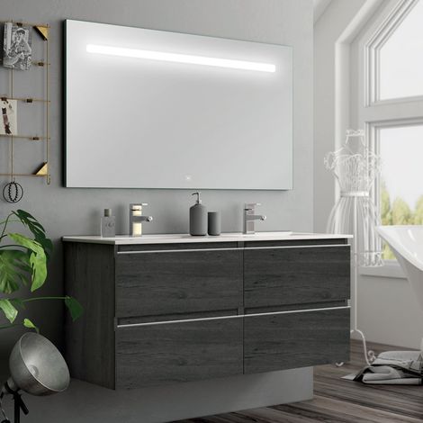Meuble de salle de bain double vasque - 4 tiroirs - ebony (bois noir) - BALEA et miroir Led STAM - 120cm (1/5)