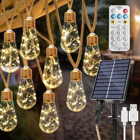 Solarbetriebene Lichterkette für den Außenbereich mit 16 Glühbirnen, 8 m lange warmweiße Lichterkette mit 8 Modi, IP65 wasserdicht, für Garten, Terrasse, Hof, Balkon, Partydekorationen (1/5)