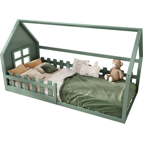 Letto a Casetta Letto Singolo 90 x 200 cm, Struttura per Bambini in Pino e MDF, Senza Materasso, Verde (1/5)