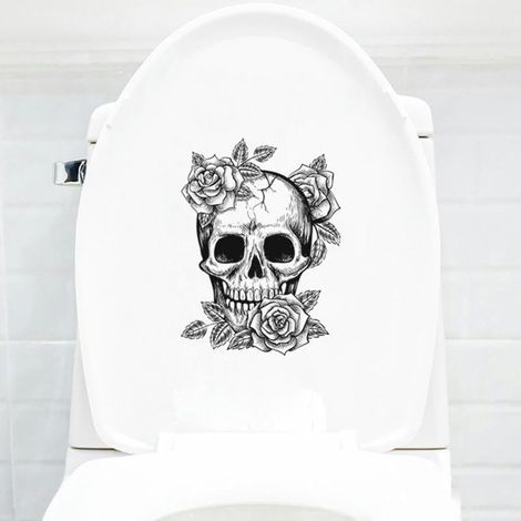 Set of 3 YOFAB toilet seat stickers, skull design, 29 x 21 cm, PVC, waterproof, Gothic, rectangular, black skull, for indoor/outdoor wall use (1/5)