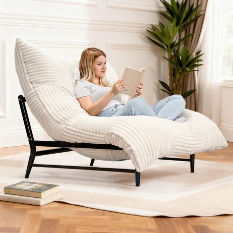 Fauteuil Pouf géant 3 en 1 convertible en velours côtelé beige, housse lavable en machine, socle en métal robuste – idéal pour salon ou chambre (1/4)