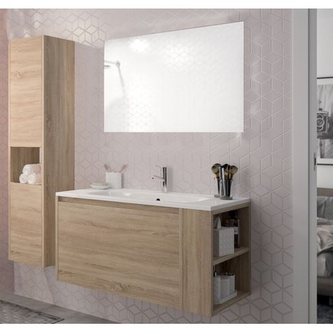 Le Quai Des Affaires – Ensemble de meubles de salle de bain VESNA – Meuble avec vasque et miroir – Décor chêne blanchi – Dimensions sous-vasque L100xP46xH50 cm