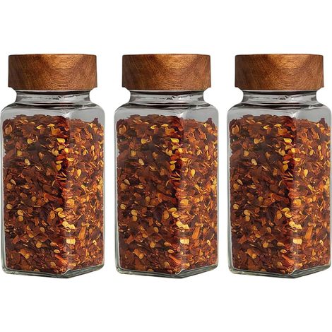Lot de 3 pots à épices en verre de 120 ml avec couvercles tamisés et couvercles en bois pour poivre, cannelle, sel, assaisonnement, poudres (1/5)