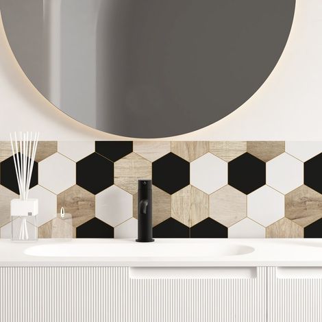 Crédence de salle de bain en Aluminium style bois carreaux de ciment beige et noir 140x30 cm (en 2 bandeaux) - Mix Hexa