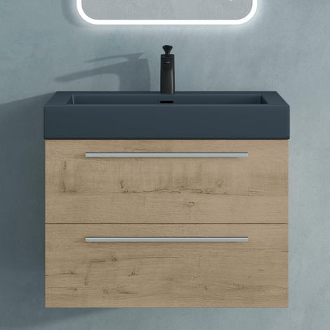 Mai & Mai Mobile Bagno Sospeso73cm, Mobile da Bagno con Lavabo in Antracite Opaco, Rovere chiaro, Seria Quadratto (1/5)