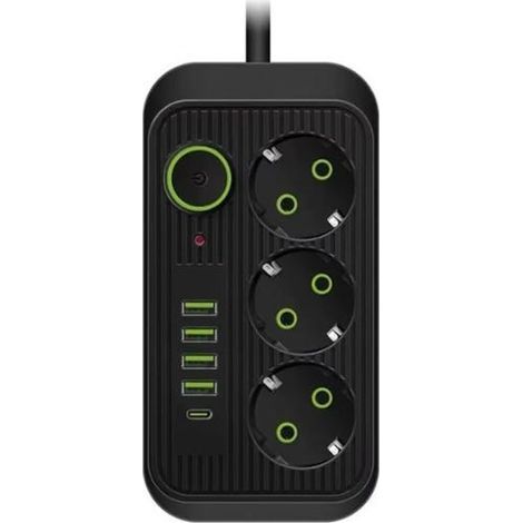 3-socket power strip with switch, 2-meter cable, surge and power outage protection (black) (1/4)
