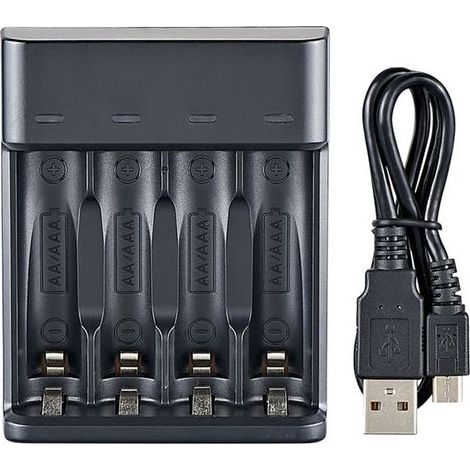 Caricatore astuto di quattro slot per AA/AAA NiMH, compatibile con la ricarica rapida, e la stazione di ricarica con USB plug-and-play. (1/5)