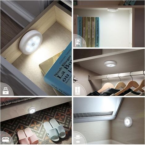 (6 Pack) Veilleuses Lampes LED à Détecteur,Lampe Détecteur de Mouvement,Lampe de Placard,Alimenté par Batterie (non Inclus),Lampe LED pour Escalier,Armoires,Placards,Facilité d'installation (Blanc) (1/4)