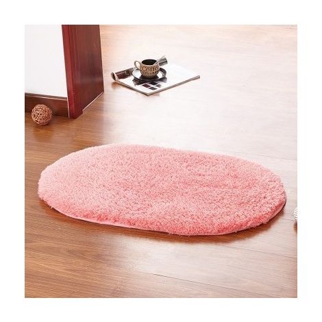 Tapis de bain ovale antidérapant en laine d’agneau naturelle – Paillasson pour salle de bains et toilettes – Modèle rouge pastèque – 40 x 60 cm-lsw