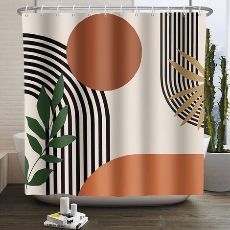 Cortina de ducha abstracta de estilo bohemio con estampado de arco solar en terracota. Fabricada en poliéster moderno，120 cm，180 cm (1/5)
