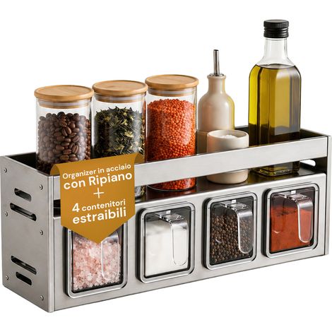Organizer In Acciaio Con 4 Contenitori Estraibili E Ripiano Superiore 35x10,5x12 Cm - Portata 10 Kg