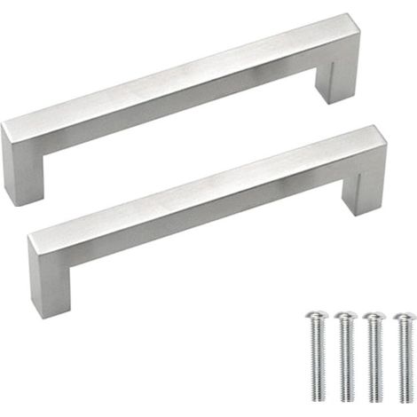 2pcs Poignee de Meuble Cuisine Argent, Acier Inox Poignées Meubles Carrée Entraxe 128 mm, pour Commode Salle de Bain, Tiroirs, Armoires, Placard, avec des vis (1/5)