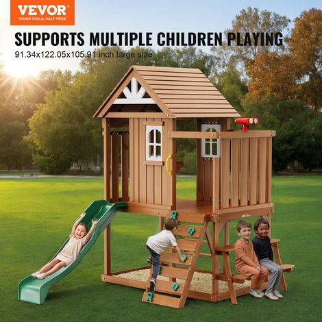 Maisonnette Enfants Extérieur en Bois, Cabine de Jardin pour Enfants Style Campagnard, Maison de Jeux avec Toboggan, Échelle, Mur d… (1/5)