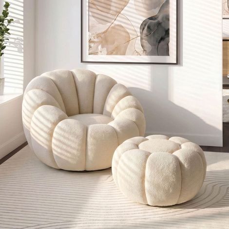 Fauteuil coquillage + pouf en tissu bouclette beige - SHERPA (1/5)