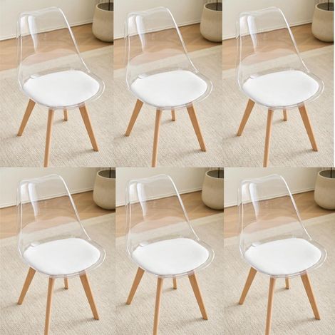 6er-Set Esszimmerstühle transparent mit weißem PU-Lederpolster und Buchenholzbeinen (1/5)